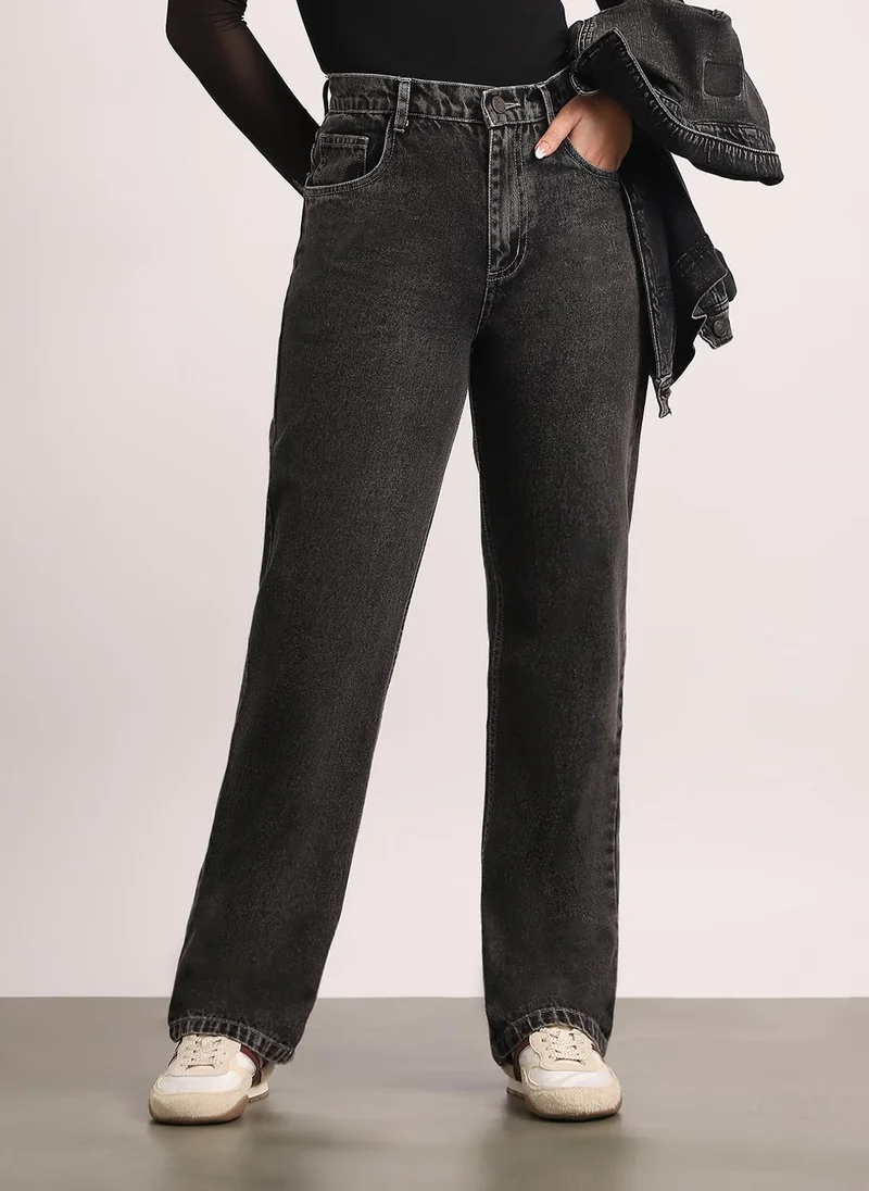 Urbano Fashion Women's Grey High Rise Straight Fit Washed Jeans Non-Stretchable